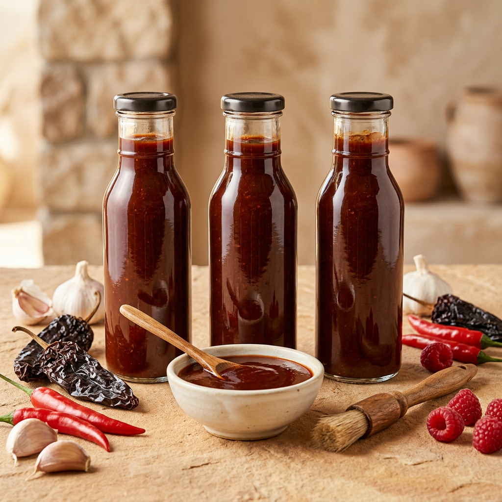 Balsamic barbecue sauces with peppers and a basting brush in a warm gourmet setting