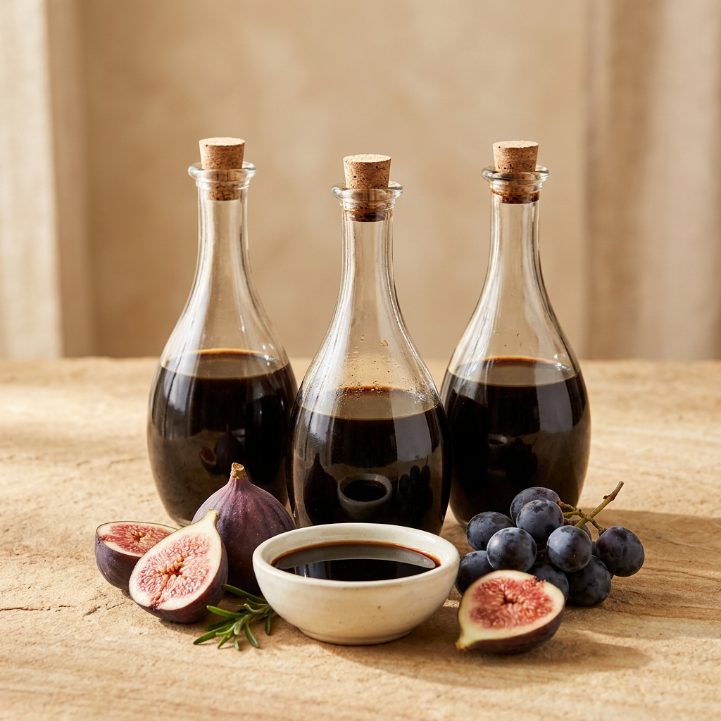 Dark balsamic vinegar with figs and grapes in a warm gourmet setting