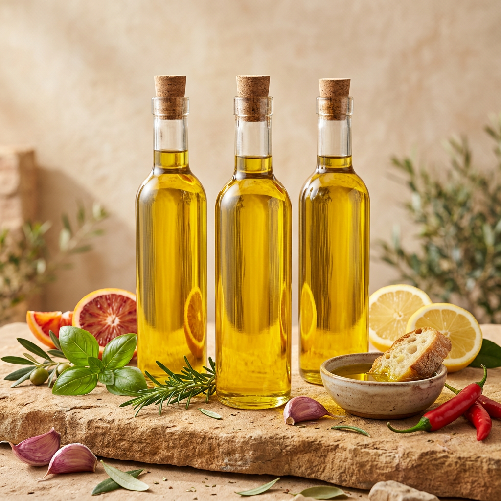 Flavored olive oils with fresh herbs, citrus, garlic, and peppers