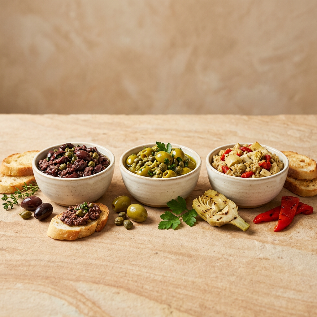 Tapenades with olives, artichokes, roasted peppers, and toasted bread