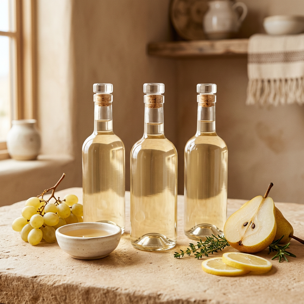 White balsamic vinegars with white grapes, pear, and citrus