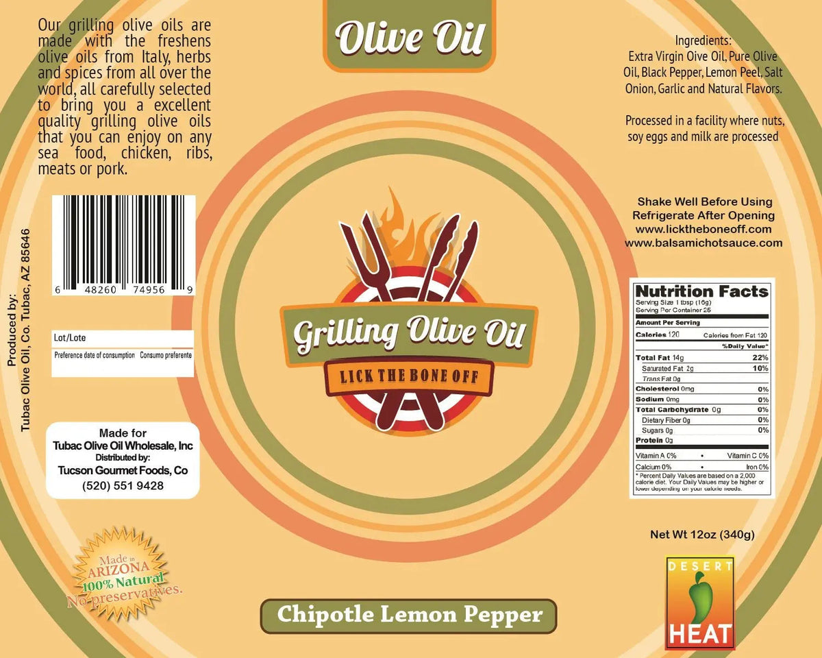 Grilling Olive Oil Chipotle Lemon Pepper, 12 oz. (mild heat). - Tubac Gourmet Foods