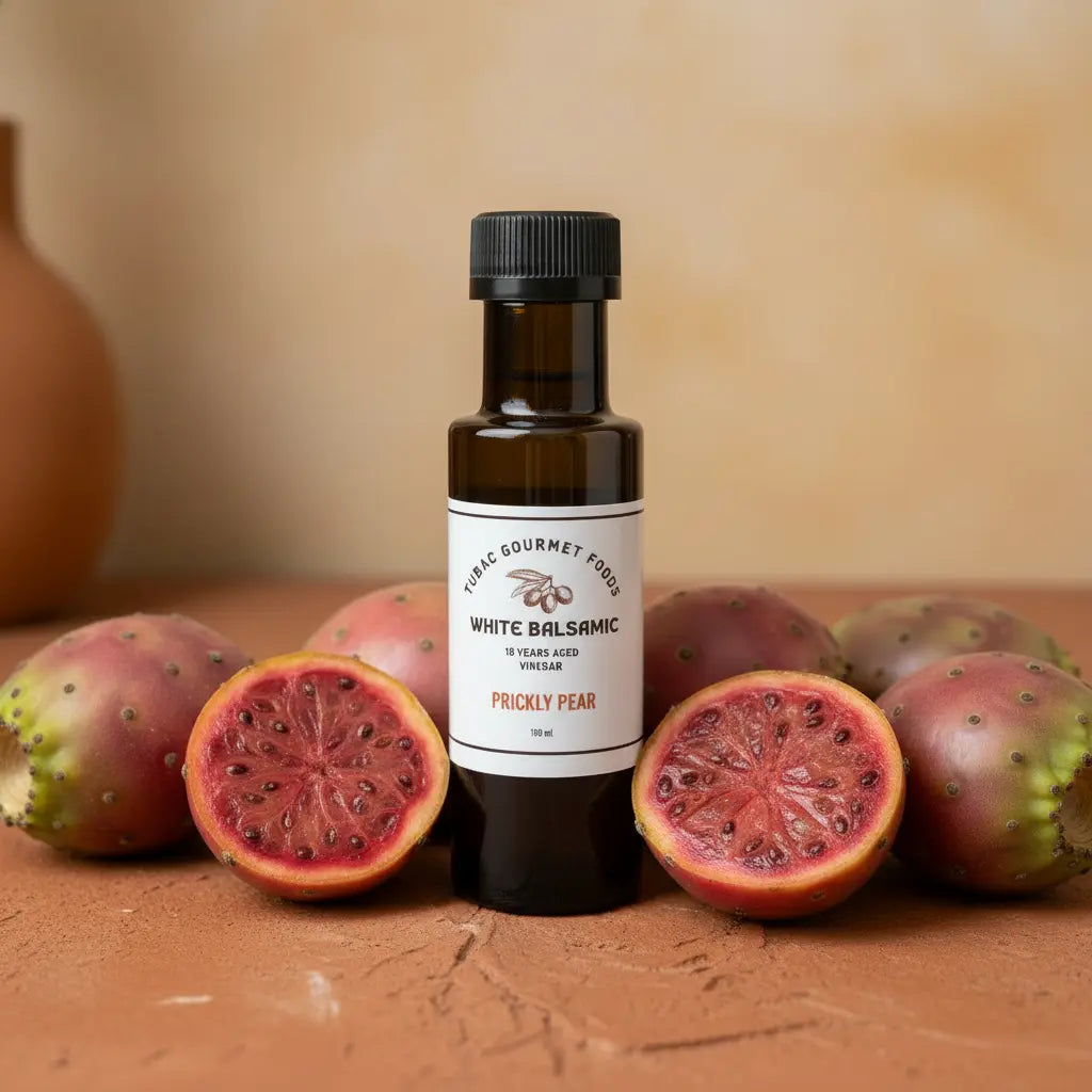 Prickly Pear White Balsamic Vinegar bottle with prickly pear cactus fruit on terracotta surface