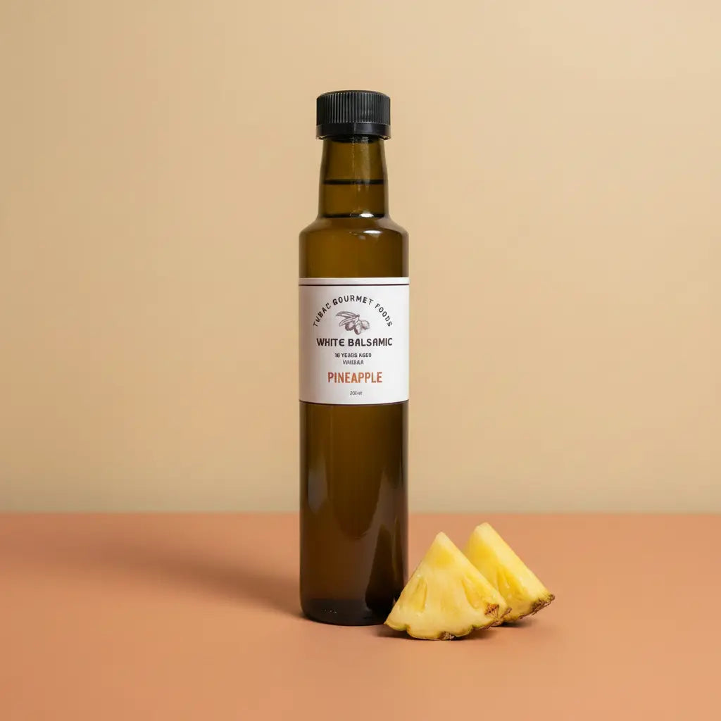 Pineapple Aged White Balsamic Vinegar 250ml bottle on warm terracotta surface
