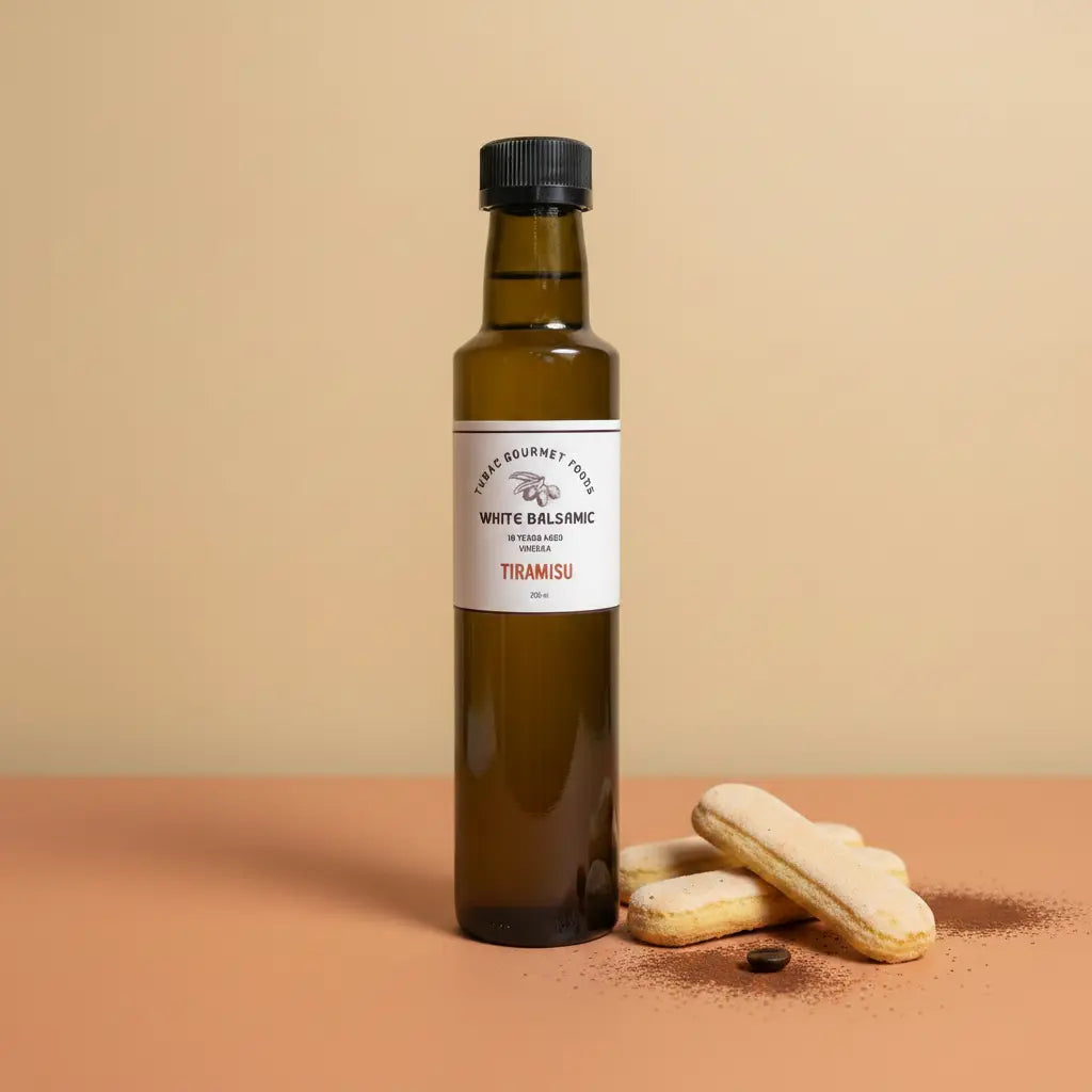 Tiramisu White Balsamic Vinegar 250ml bottle on warm terracotta surface