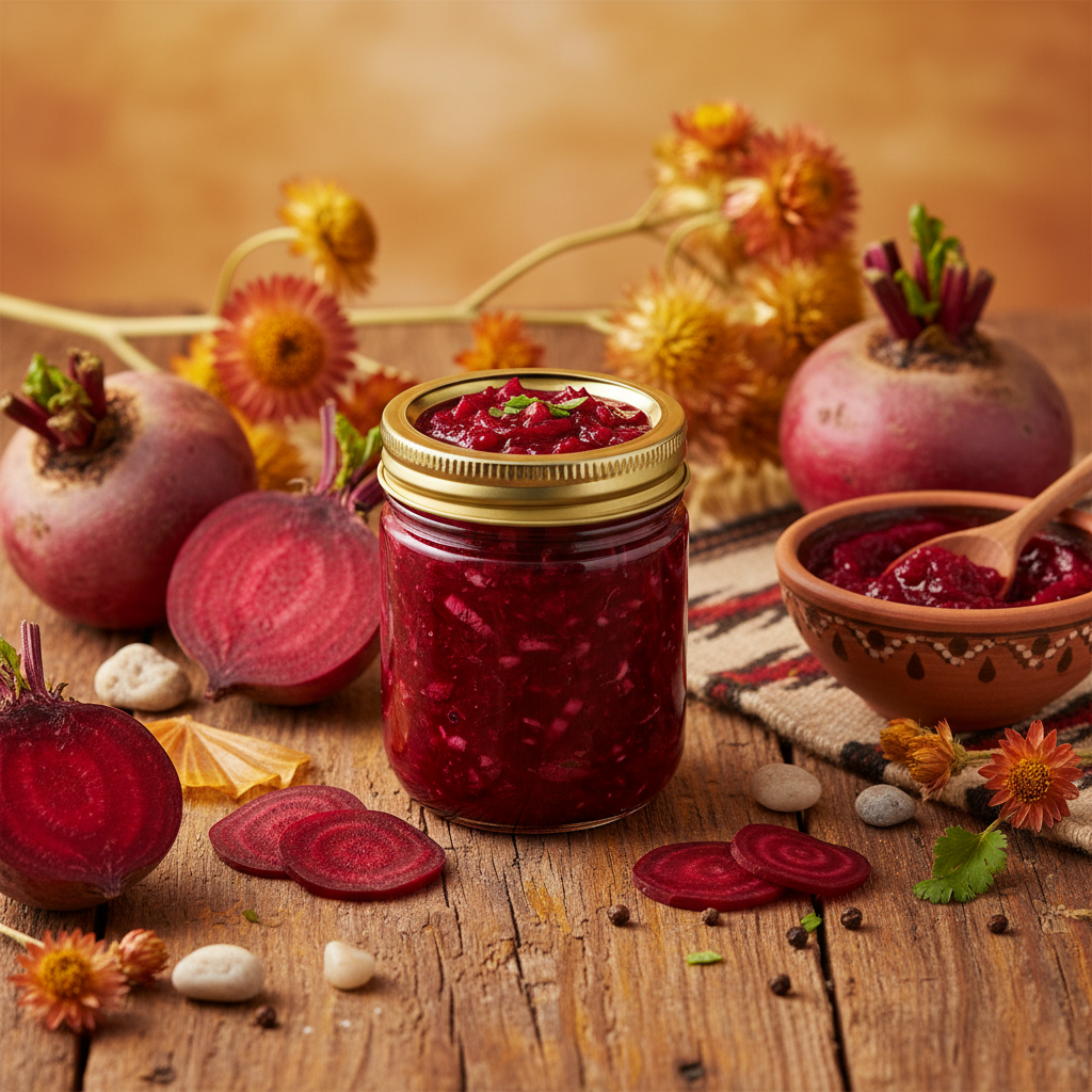 Beet Salsa jar on rustic wood with fresh beets and Southwest desert styling