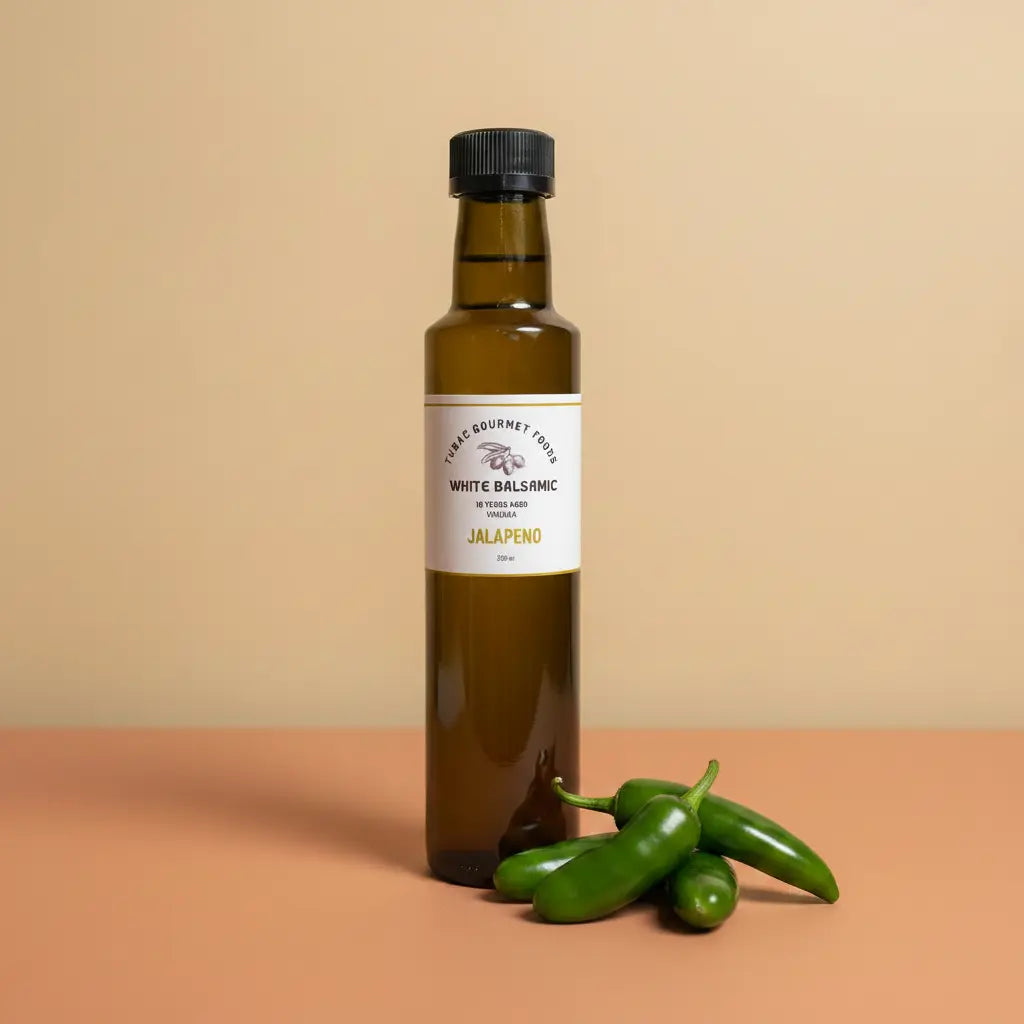 Jalapeno Aged White Balsamic Vinegar 250ml bottle on warm terracotta surface