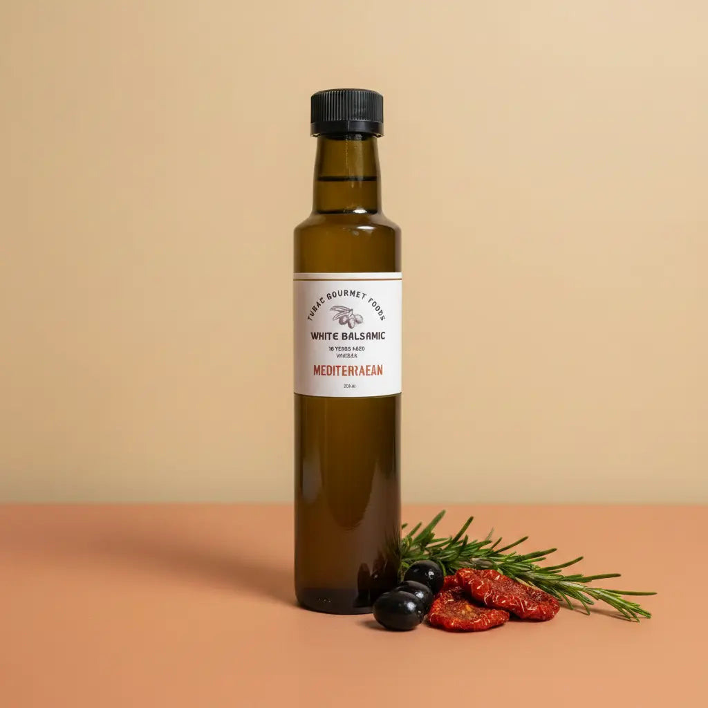 Mediterranean White Balsamic Vinegar 250ml bottle on warm terracotta surface