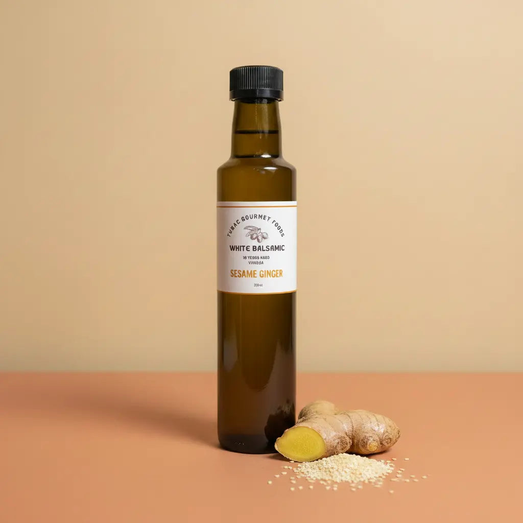 Sesame Ginger White Balsamic 250ml bottle on warm terracotta surface
