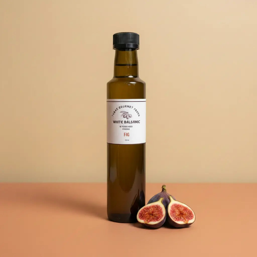Fig White Balsamic Vinegar 250ml bottle on warm terracotta surface